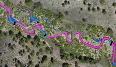 Annotated aerial photo of the monitoring reach, June 2025